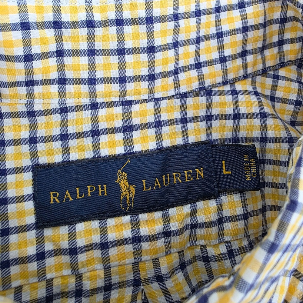 Ralph Lauren Gingham Button Down Shirt Mens Large Yellow Navy Blue Cotton Pony - Picture 4 of 7